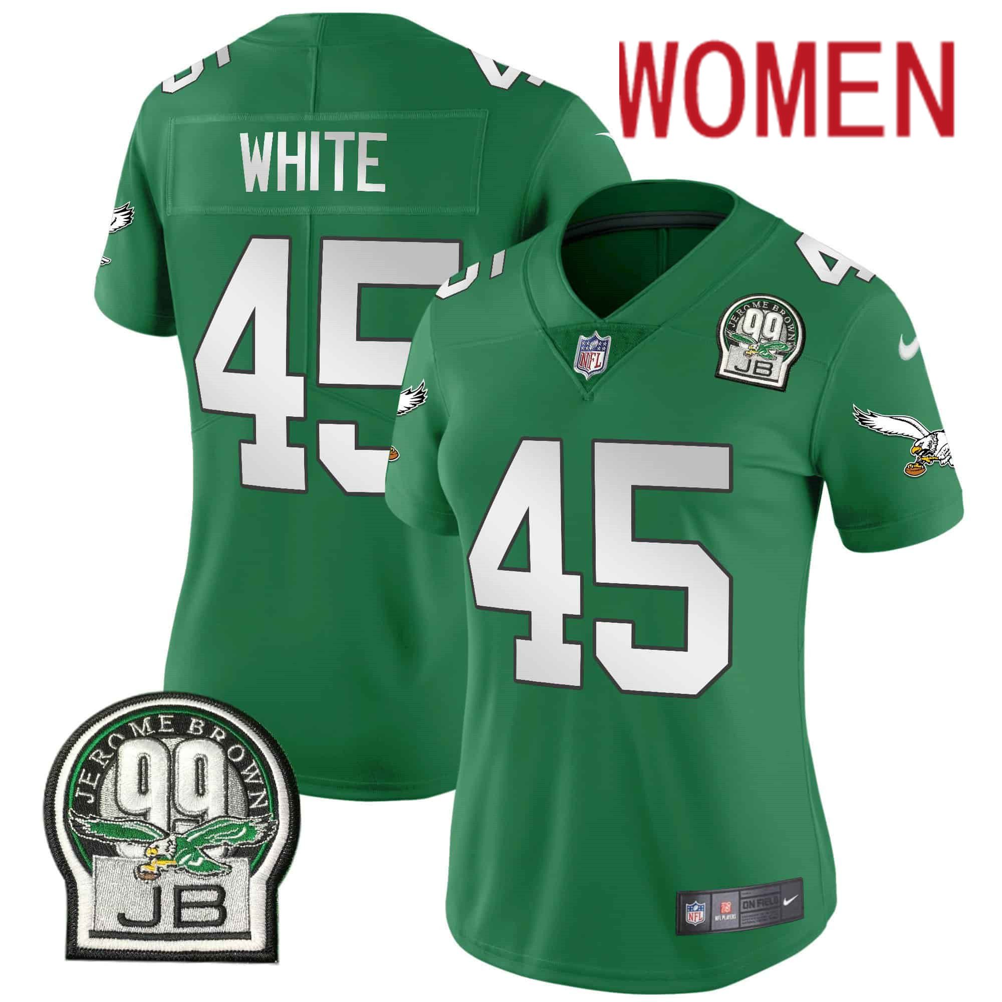 Women Philadelphia Eagles #45 White Green 2024 Nike Jerome Brown Patch Alternate Limited NFL Jersey style 1